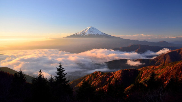 Mountain snowpeak clouds trees autumn free wallpaper - medium preview image