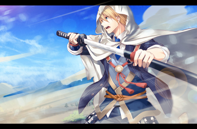 Man hooded outfit holding sword free wallpaper - medium preview image