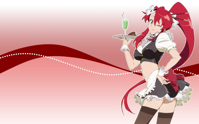 Woman short skirt holding tray free wallpaper - medium preview image