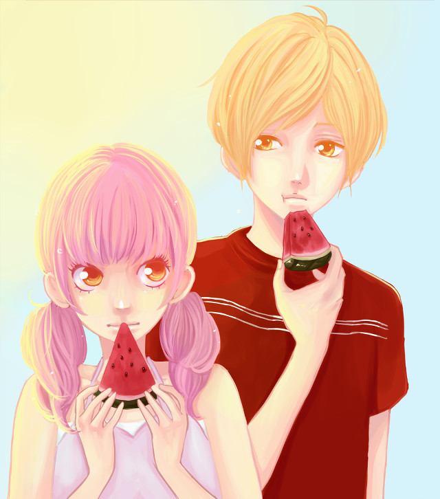 Couple watermelon slices eating hands free wallpaper - medium preview image