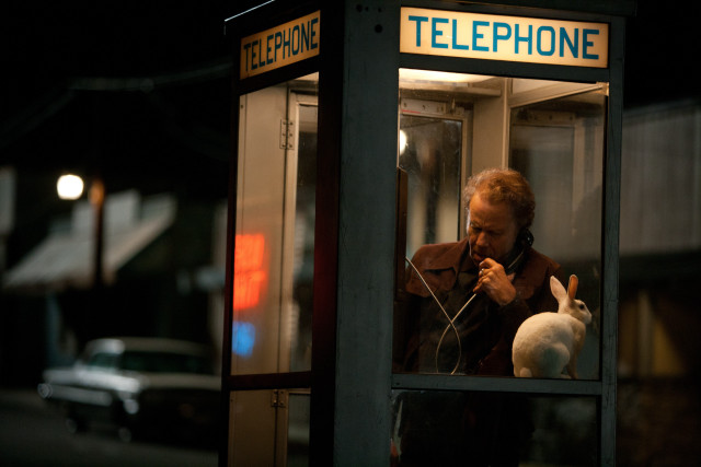 Man phone booth rabbit lap free wallpaper - medium preview image