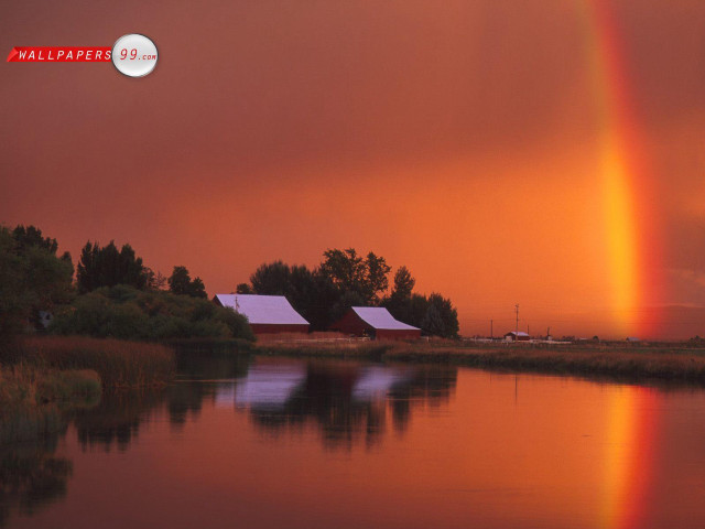 Rainbow lake barn red sky free wallpaper - medium preview image