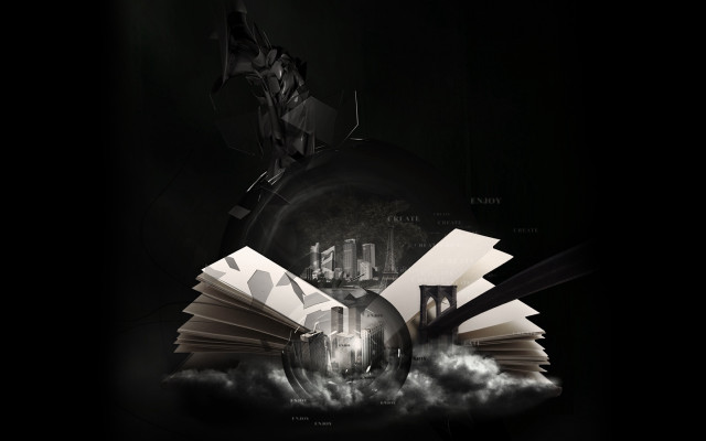 Flying book black background building free wallpaper - medium preview image