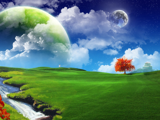Green field tree stream painting #6 free wallpaper - medium preview image