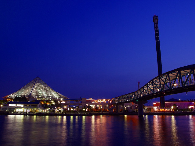 Bridge water night building pyramid free wallpaper - medium preview image