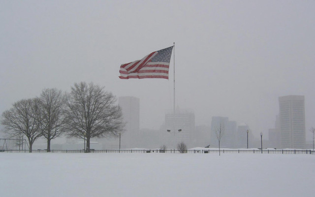 Snowy city park flag wind free wallpaper - medium preview image