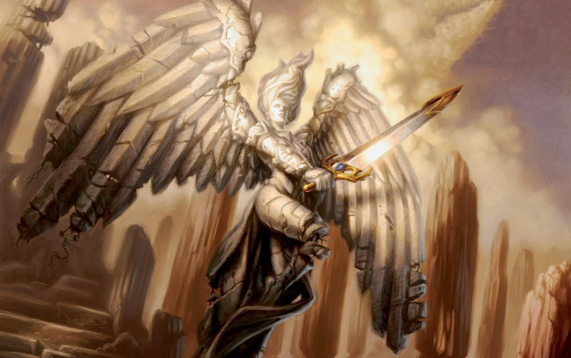 Man sword wings city street free wallpaper - medium preview image