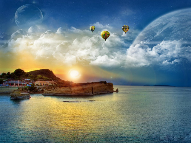 Sunset hotairballoons water town magicrealism free wallpaper - medium preview image