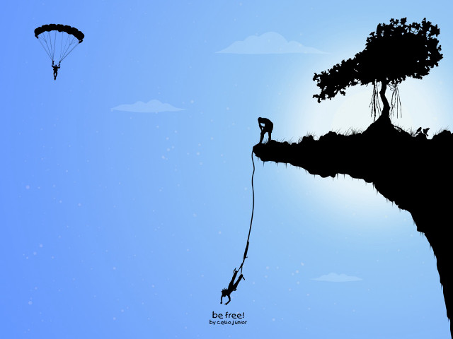 Cliff hanging person tree rope free wallpaper - medium preview image