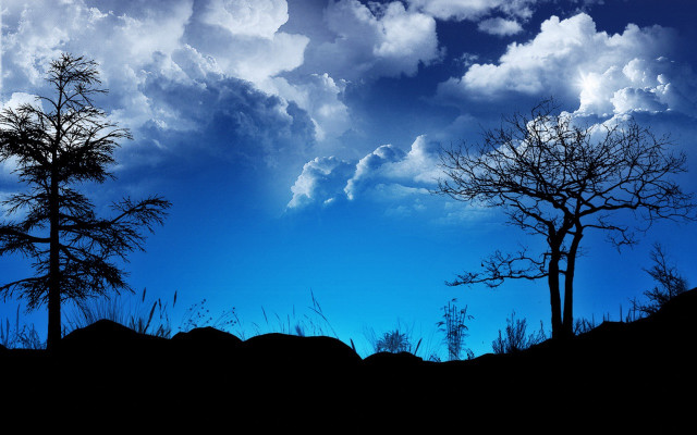Blue sky clouds trees silhouette free wallpaper - medium preview image