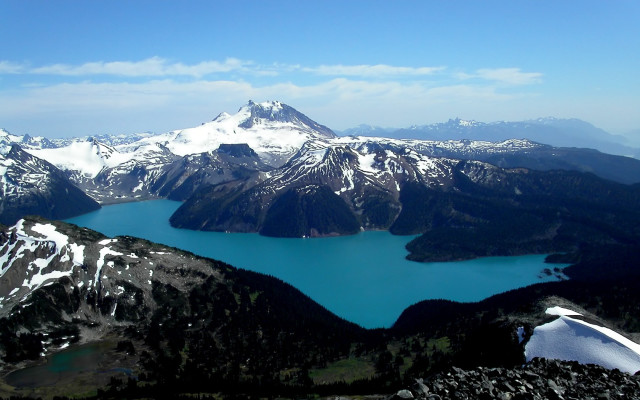 Lake mountains snow peaks view free wallpaper - medium preview image