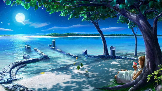 Woman tree water night full free wallpaper - medium preview image