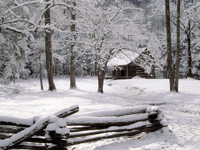Log fence snow cabin trees #2 free wallpaper - medium preview image