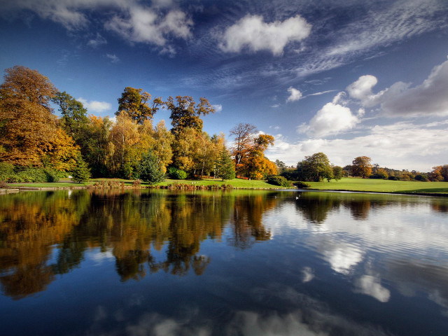 Lake trees clouds bench foreground #2 free wallpaper - medium preview image