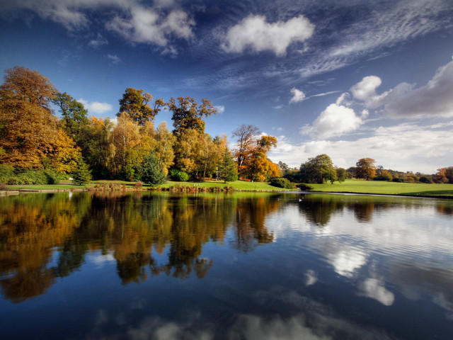 Lake trees clouds bench foreground #3 free wallpaper - medium preview image