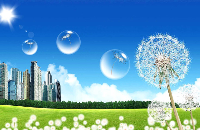 Dandelion city bubbles flying background free wallpaper - medium preview image