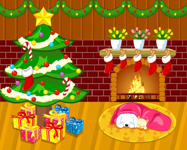 Christmas tree presents fireplace mantel free wallpaper - medium preview image