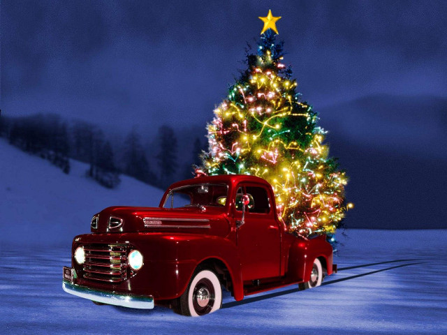 Red truck christmas tree snow free wallpaper - medium preview image