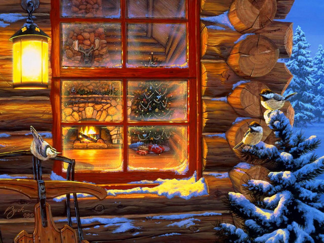 Cabin window guitar snowy landscape free wallpaper - medium preview image