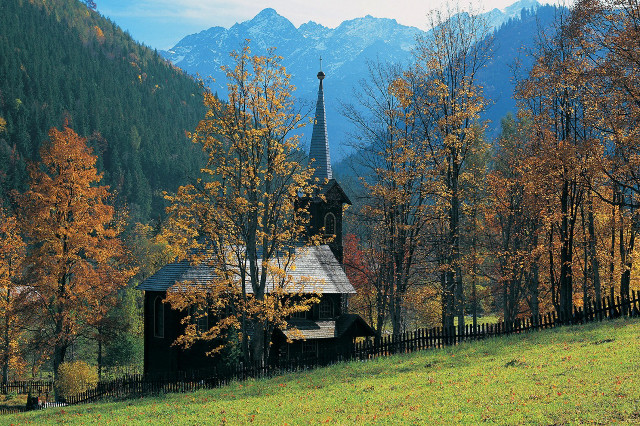 Church mountains fall colors trees #2 free wallpaper - medium preview image