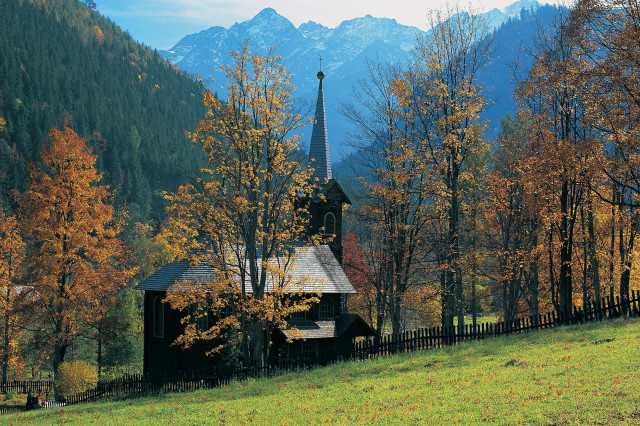 Church mountains fall colors trees free wallpaper - medium preview image