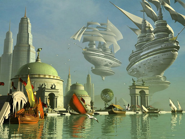 Boats lake cityscape airship bridge free wallpaper - medium preview image