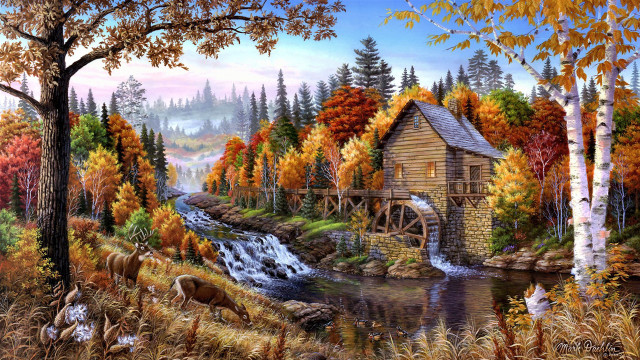 Cabin woods stream deer autumn free wallpaper - medium preview image