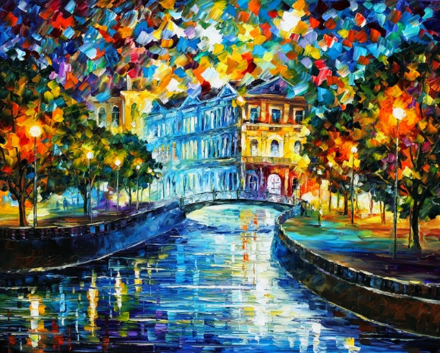 City river buildings nighttime colorful free wallpaper - medium preview image