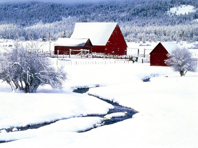 Red barn snow stream mountain #3 free wallpaper - medium preview image