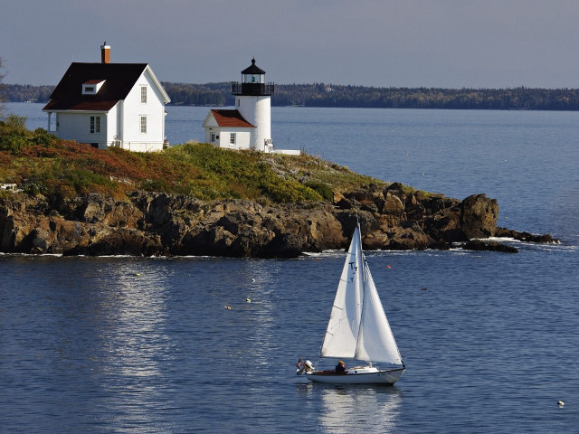 Sailboat lighthouse rockyisland beautifulscenery precisionism free wallpaper - medium preview image