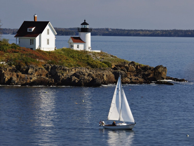 Sailboat lighthouse rockyisland beautifulscenery precisionism #2 free wallpaper - medium preview image