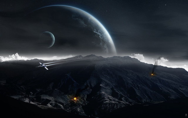 Space station mountain range night free wallpaper - medium preview image