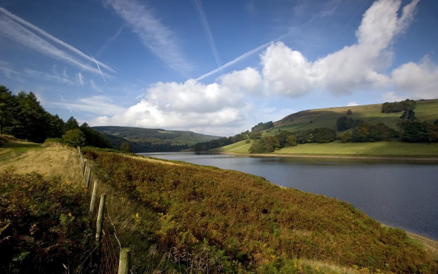 Lake green hills trees sunny free wallpaper - medium preview image
