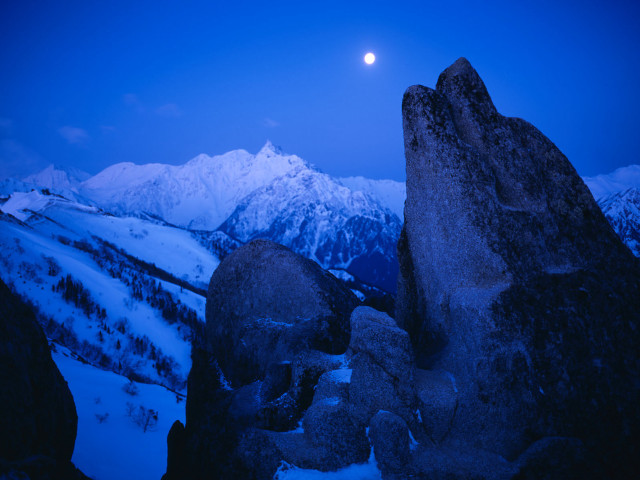 Full moon snowy mountains rocks free wallpaper - medium preview image