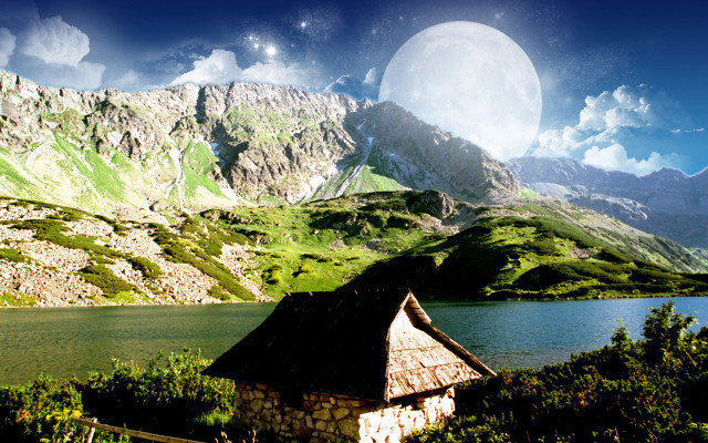 House mountains full moon lake #2 free wallpaper - medium preview image