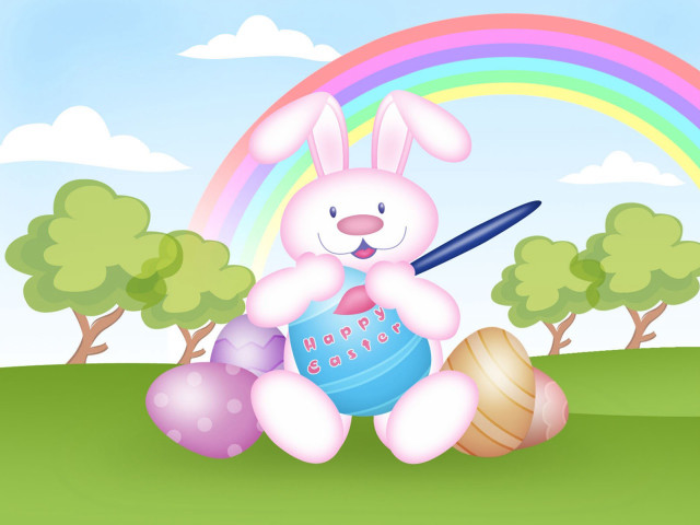 Bunny basket eggs rainbow field free wallpaper - medium preview image