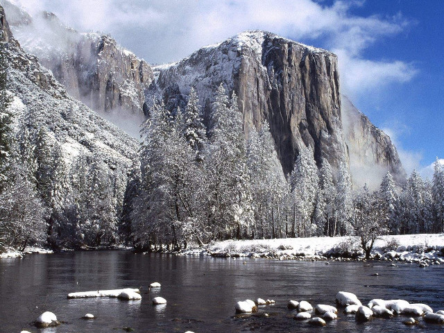 River snow rocks trees mountain free wallpaper - medium preview image