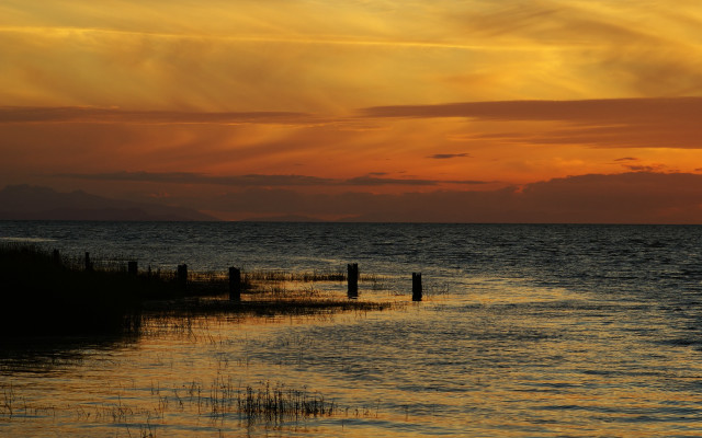 Sunset ocean boat fence mountain #2 free wallpaper - medium preview image