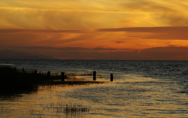 Sunset ocean boat fence mountain #3 free wallpaper - medium preview image