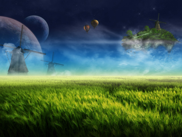 Fantasy greenfield windmills clouds stars free wallpaper - medium preview image