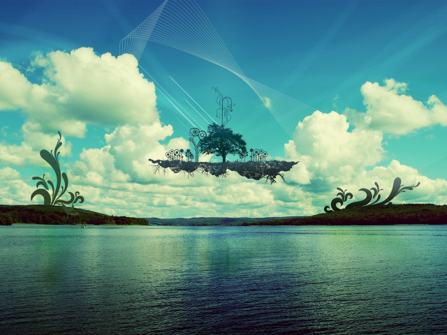 Tree lake sky clouds digital #5 free wallpaper - medium preview image