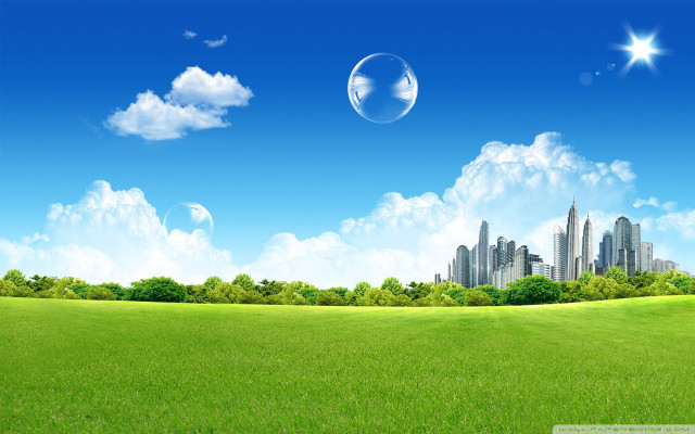 City bubble sky green field free wallpaper - medium preview image