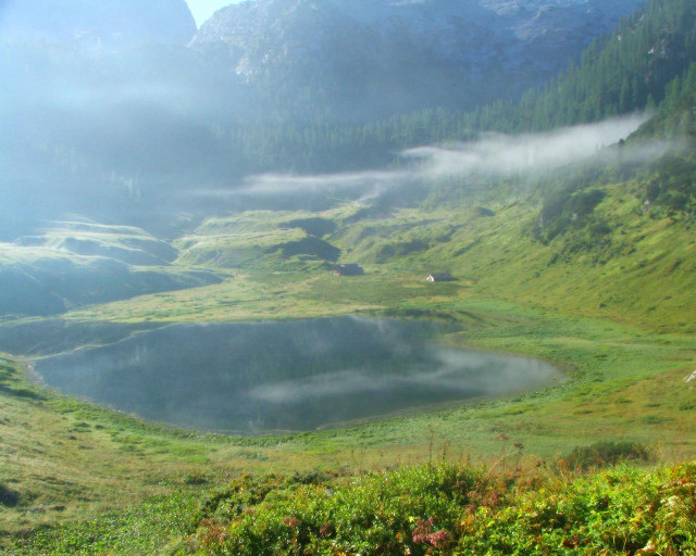 Grassy field lake mountains fog #2 free wallpaper - medium preview image
