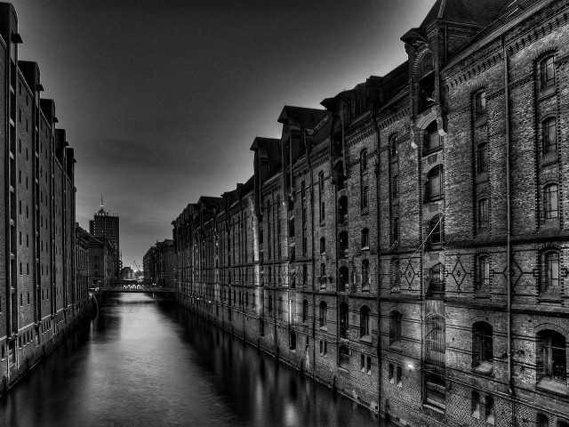 Canal black white old buildings free wallpaper - medium preview image