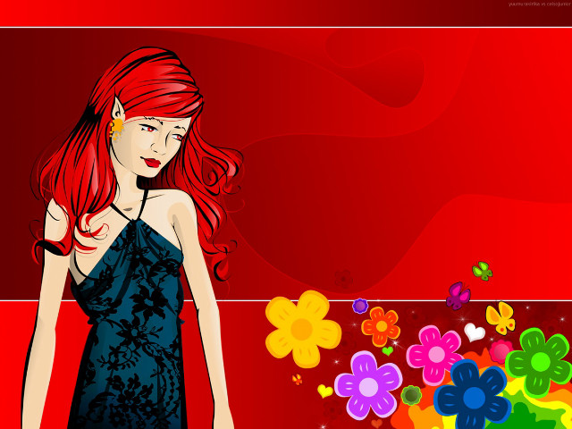 Red haired woman flower butterfly free wallpaper - medium preview image