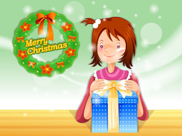 Girl blue giftbox christmas wreath free wallpaper - medium preview image