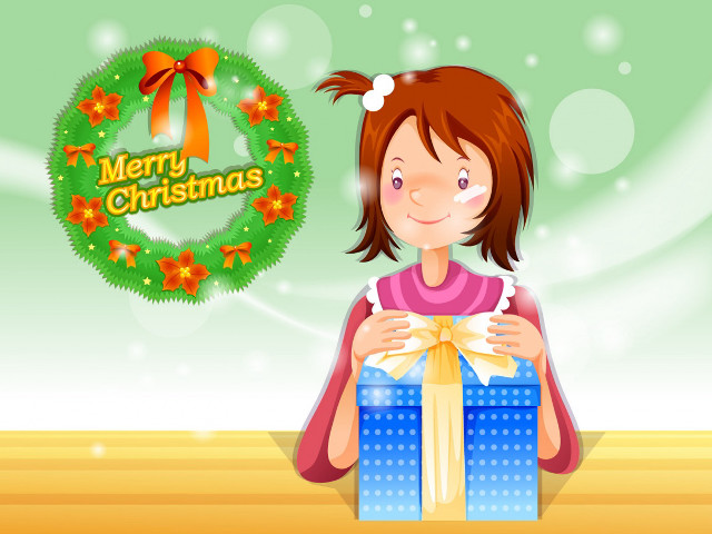 Girl holding blue giftbox merry free wallpaper - medium preview image