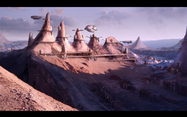 Futuristic city mountain sky spaceship free wallpaper - medium preview image