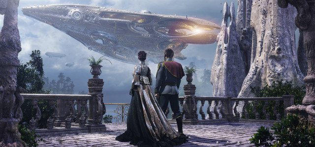 Man woman balcony futuristic ship free wallpaper - medium preview image
