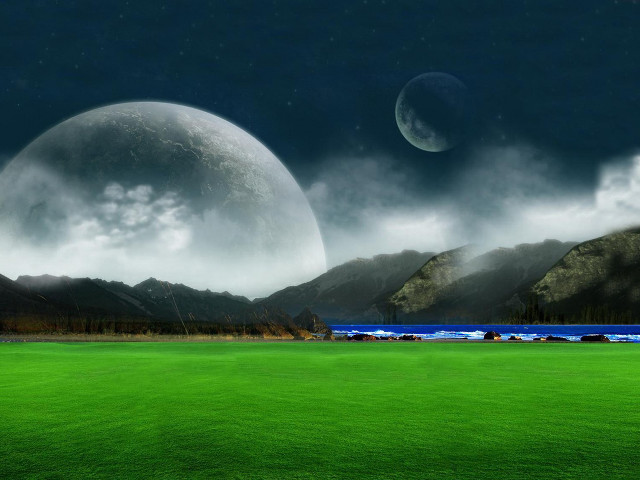 Green field mountains water moon #2 free wallpaper - medium preview image